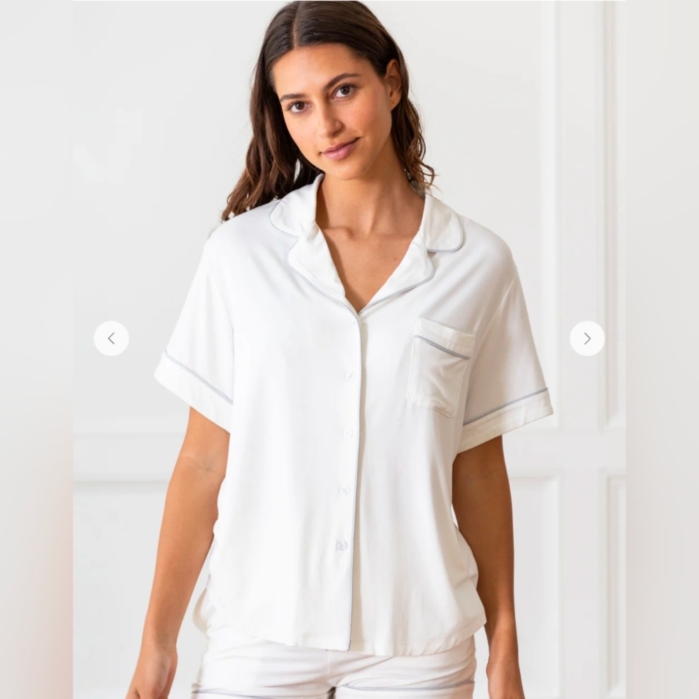 White Relaxed Notched Collar‎ Pajama Shirt